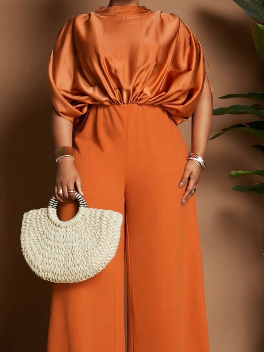 Orange Elegant Women's Plus Size Stand Collar Pleated Loose Jumpsuit